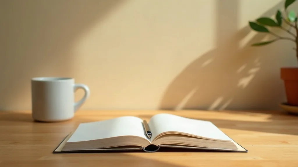 open notebook with pen on wooden desk, soft morning light, minimalist