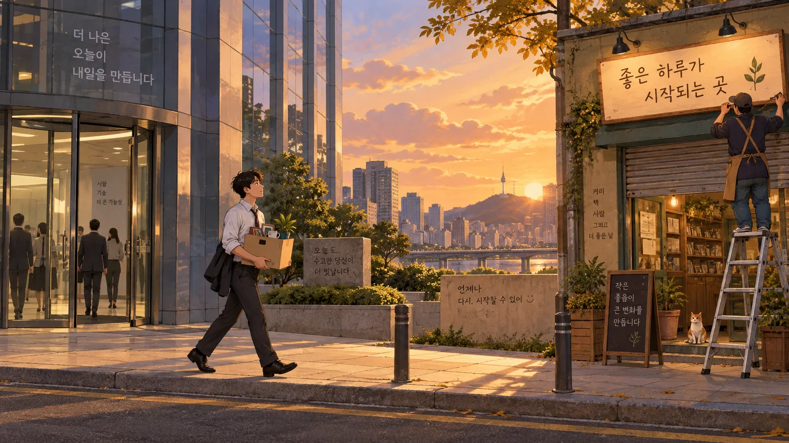 person carrying a cardboard box of office belongings walking from a tall glass office building toward a small storefront where a new open sign is being hung