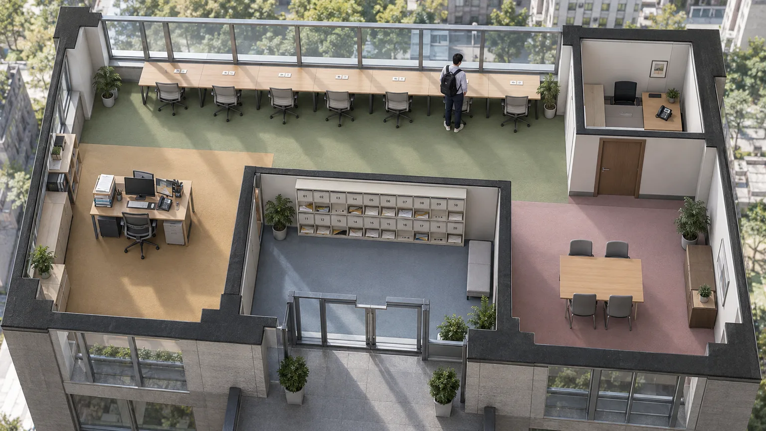 overhead floor plan showing fixed desks, open desks, a small private room and a mail slot