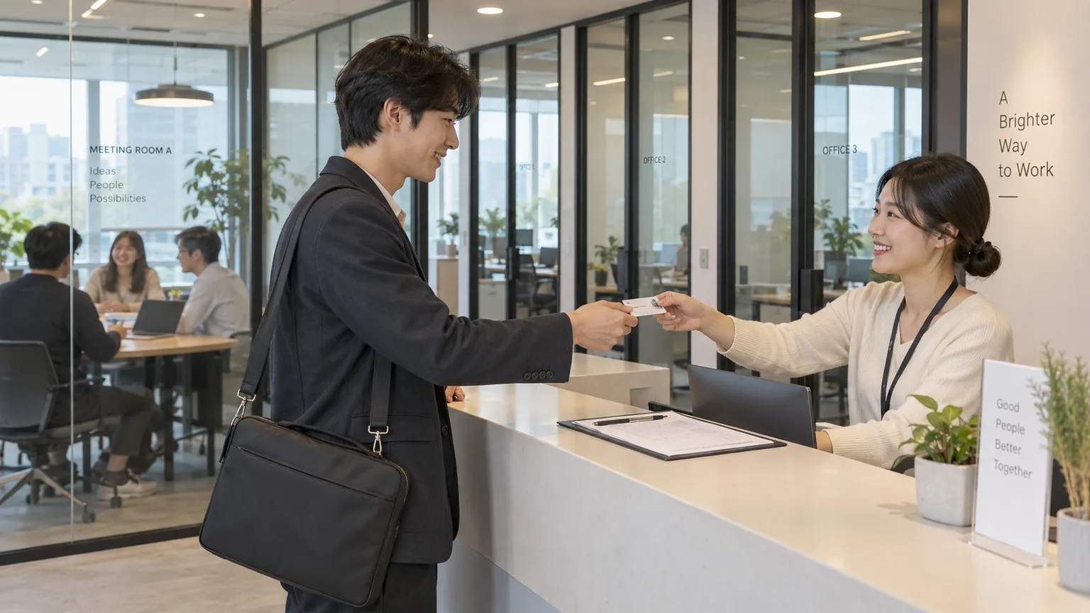 business owner receiving a key card at a shared office reception counter while carrying one slim laptop bag