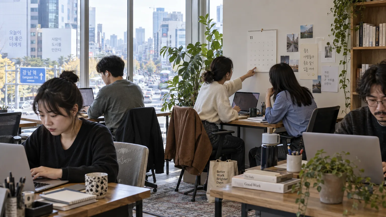 shared workspace with several individual desks where people work side by side under warm light, large window showing a city street