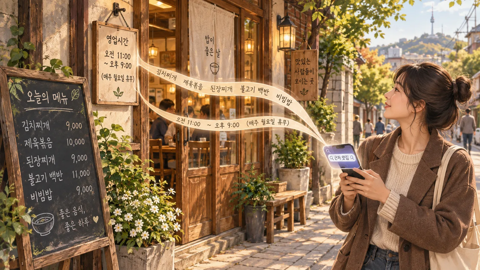 restaurant menu board and opening hours sign turning into flowing lines of text that stream into a glowing search box on a phone held by a passerby on the street