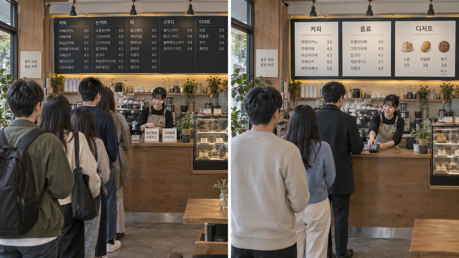 two side by side cafe counters, one with a small sign changed and one with the whole menu board and payment line rearranged