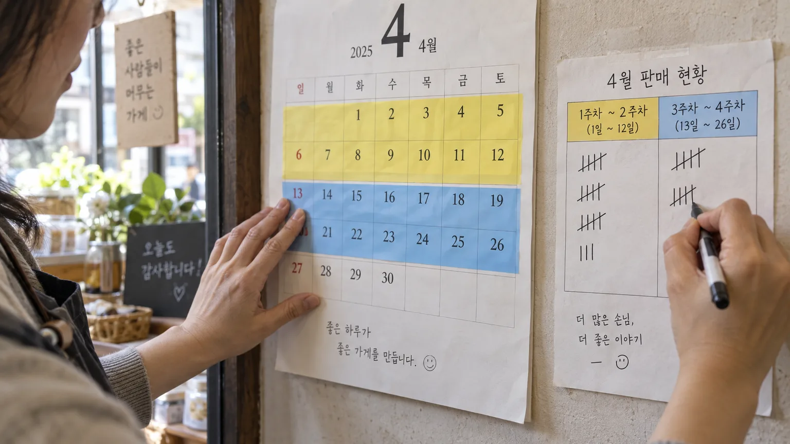 small shop owner marking two halves of a wall calendar with different colored labels next to a tally sheet