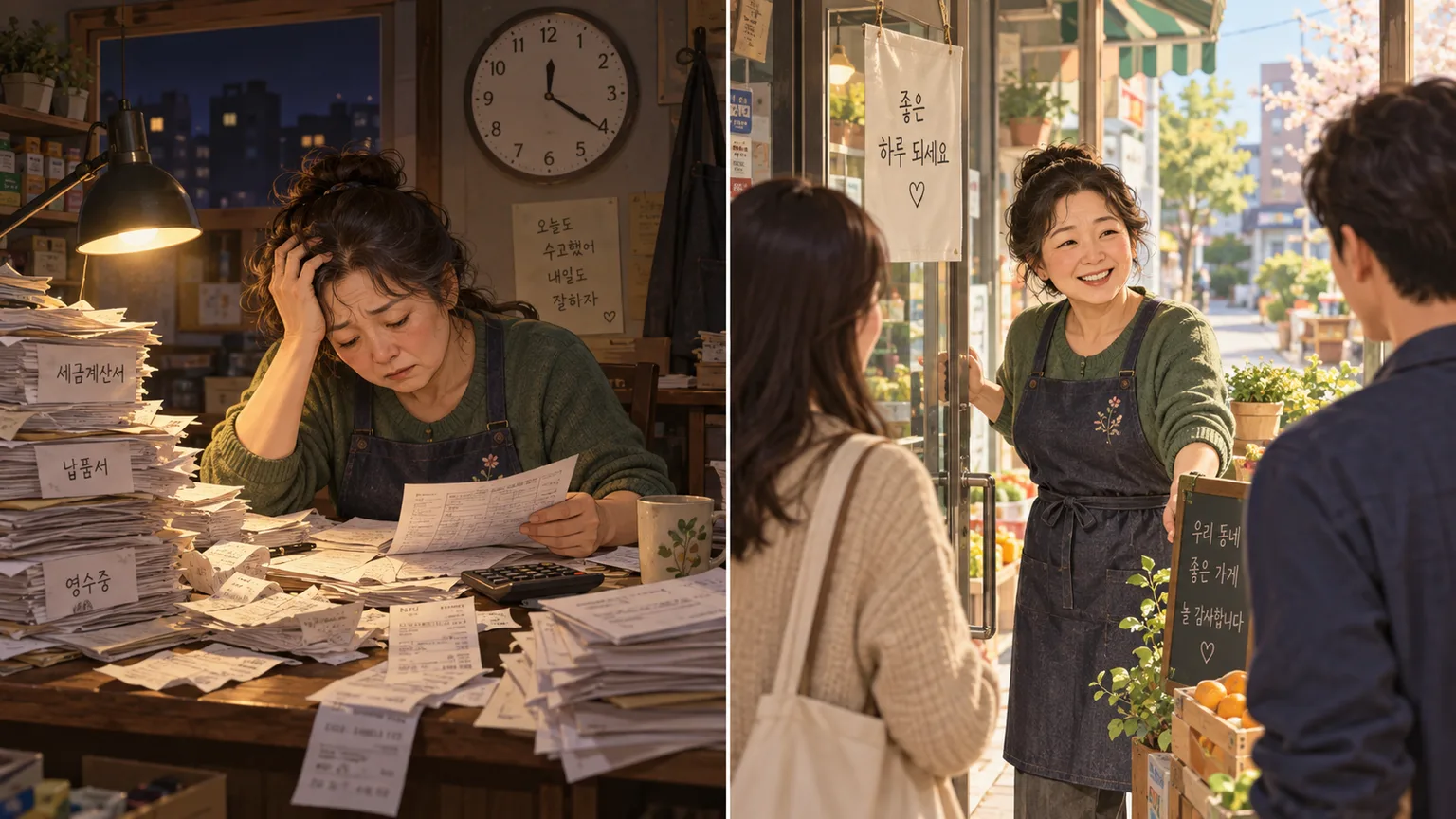 split scene of a shop owner at a late night desk piled with paper invoices on one side and the same owner greeting customers at a bright shop entrance in daylight on the other
