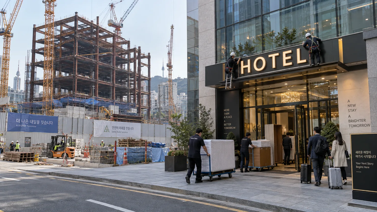 construction site with cranes beside a finished building where crews carry hotel beds inside