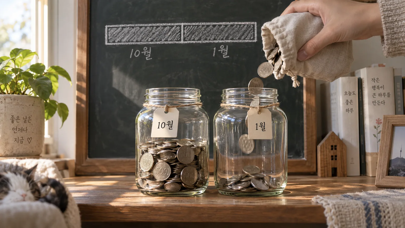 two glass jars on a shelf, one half filled with coins and labeled for autumn, the other labeled for january