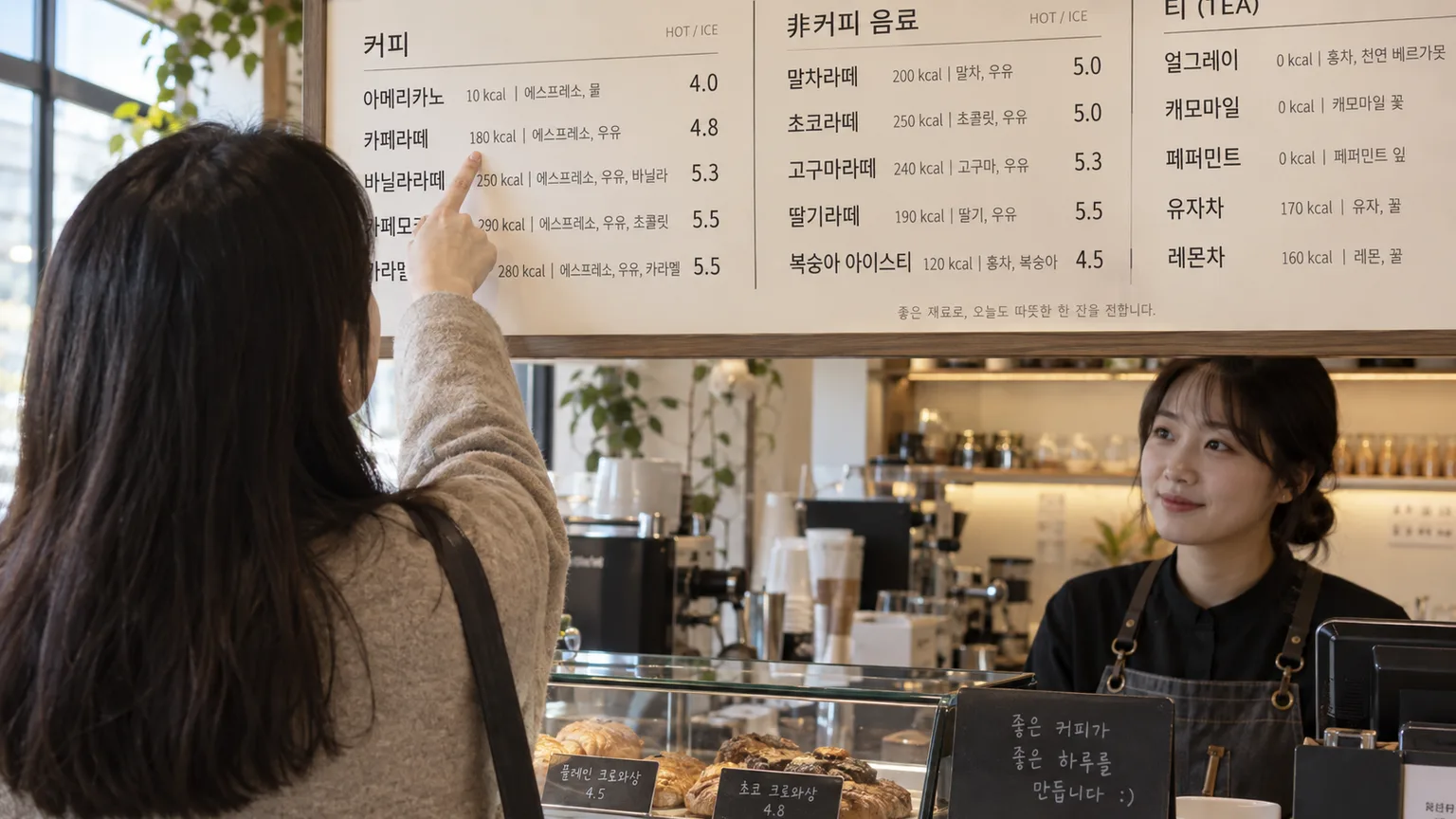 korean customer reading a calorie label on a cafe menu board before ordering