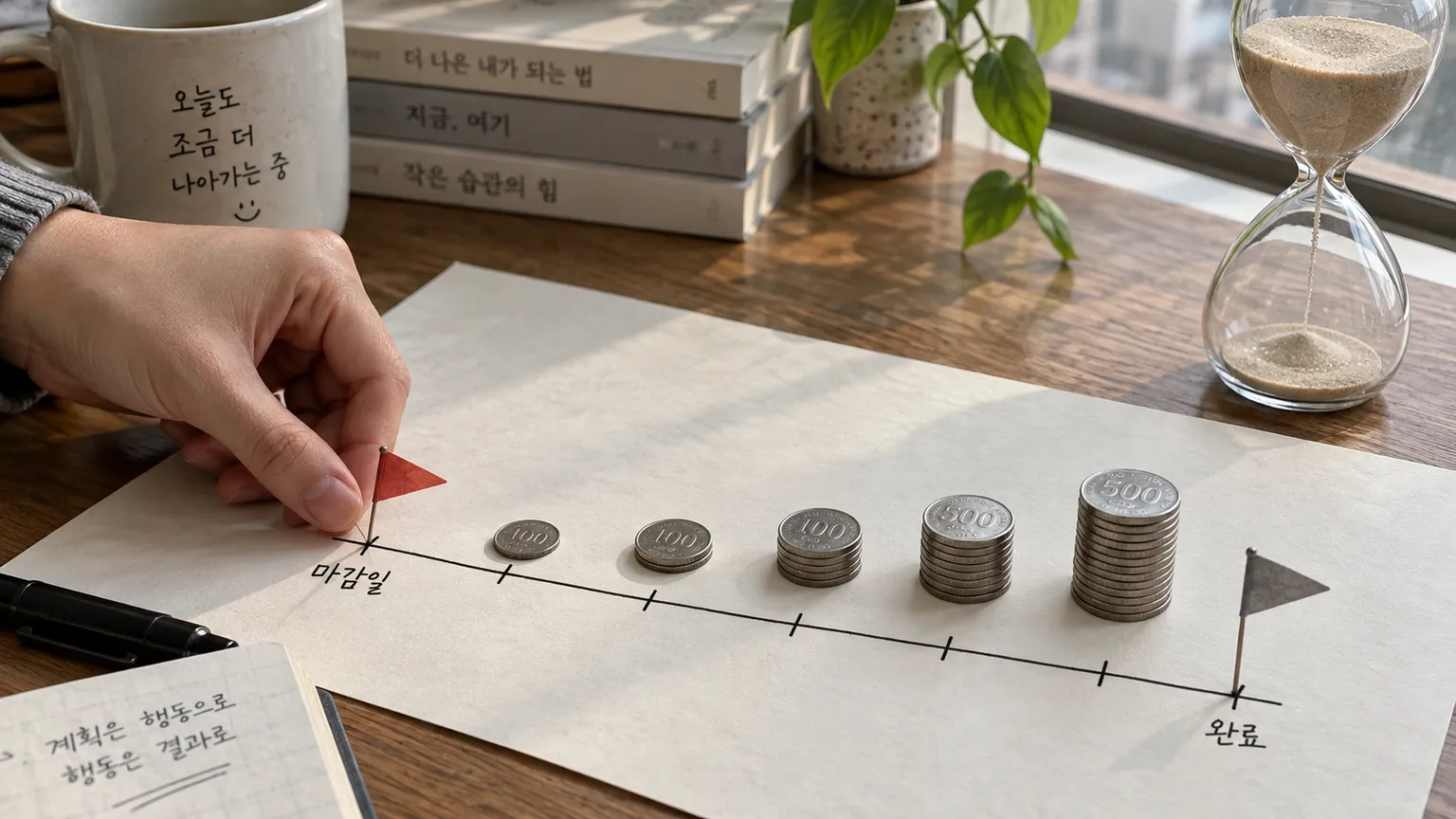 hand placing a small red flag on a timeline drawn on paper, with a second flag further along